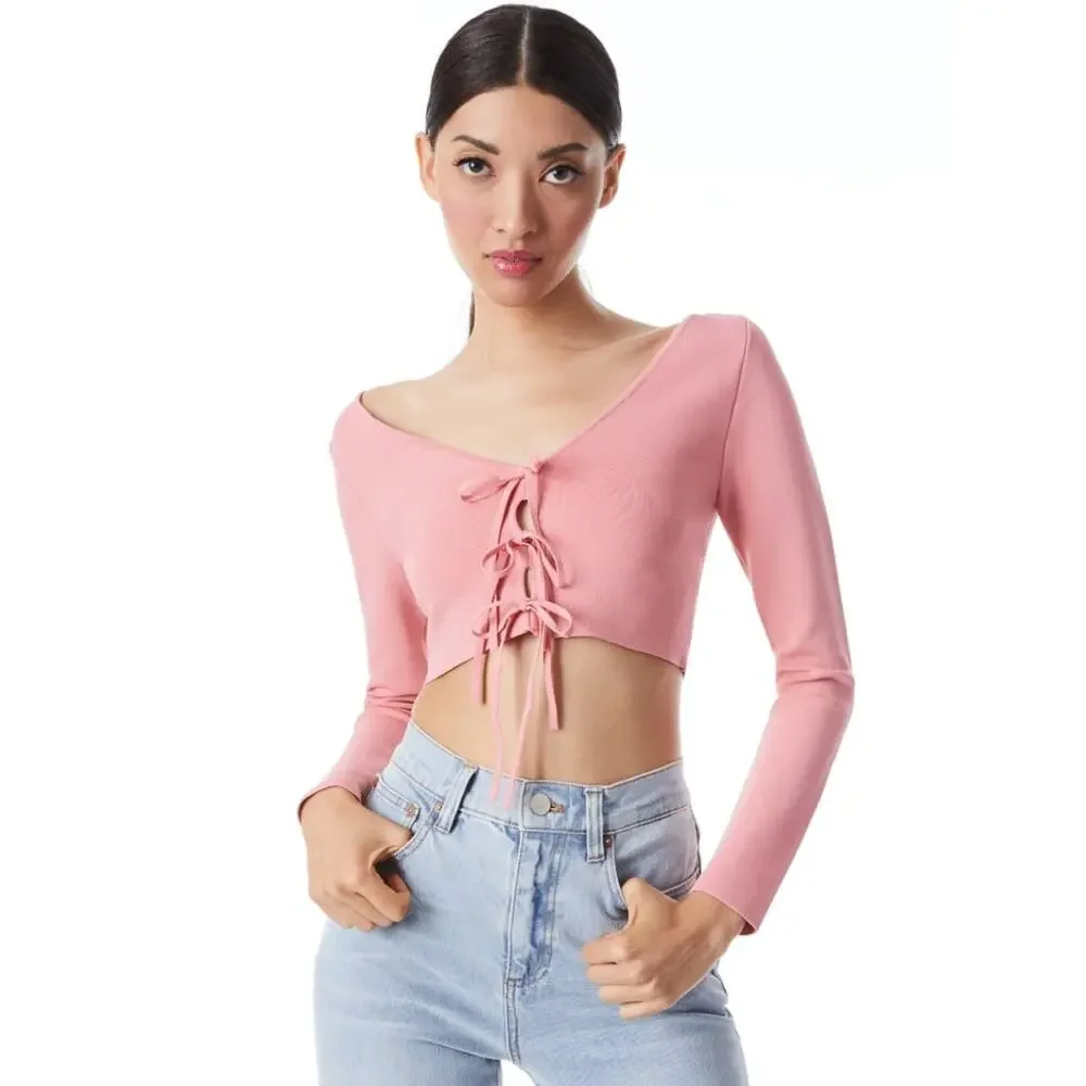ALICE AND OLIVIA Sharee Top Womens Medium Pink Tie Knit Crop V Neck Long Sleeve